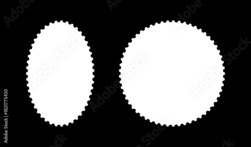 Backdrops for postcards, letters, empty borders, Postage stamp template frames. Oval or circle blank vintage stamps. Tags, label, coupons, boxes with curvy, wavy, wiggly perforated edges.