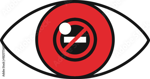 Red eye icon with prohibition sign inside pupil representing blocked vision or hidden content for password privacy security and censorship warning concept.
