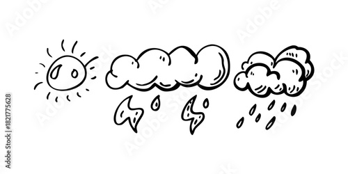 Hand Drawn Doodle Weather Icons Sun Clouds Rain Lightning