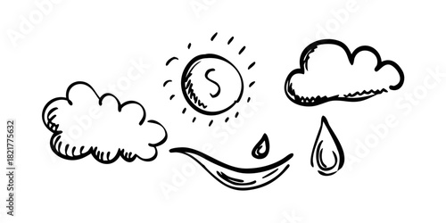 Hand drawn doodle weather forecast icons with transparent background
