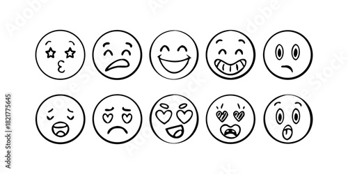 Hand Drawn Emoji Faces with Different Emotions expressions
