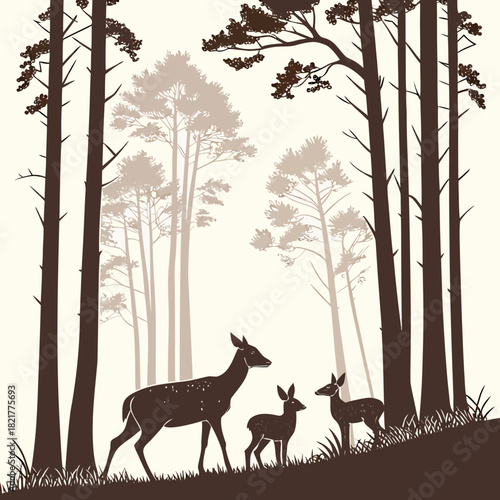 Silhouette of a mother deer and two fawns standing in a forest with tall pine trees and soft light