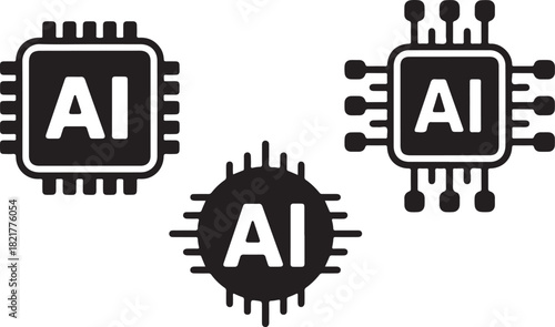 Three black and white icons representing Artificial Intelligence chips with circuit board elements