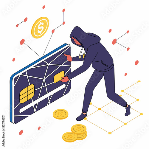 Anonymous hacker in a hoodie stealing financial data from a credit card with digital network connections