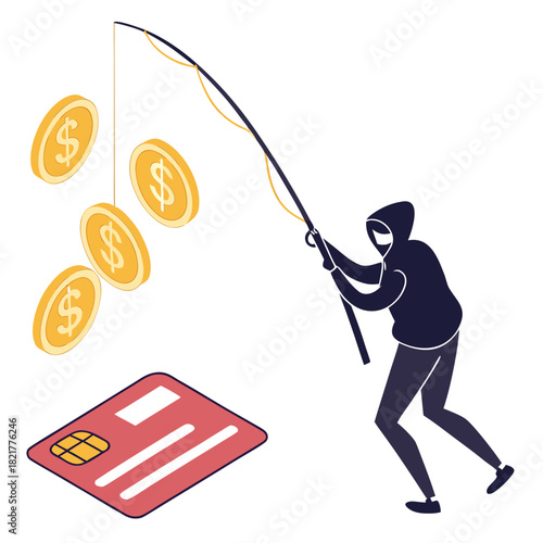 Anonymous hacker fishing for money with a credit card as bait in a digital security concept illustration