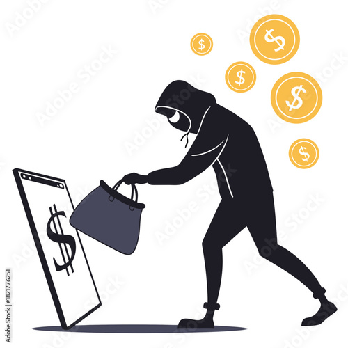 Silhouette of a hooded thief stealing money from a smartphone screen with coins flying around