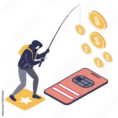 Cybercriminal fishing for financial data using a smartphone and dollar coins as bait in a digital security concept