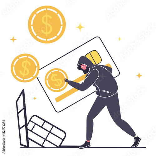 Anonymous hacker stealing money from credit card and laptop symbolizing financial crime and data theft