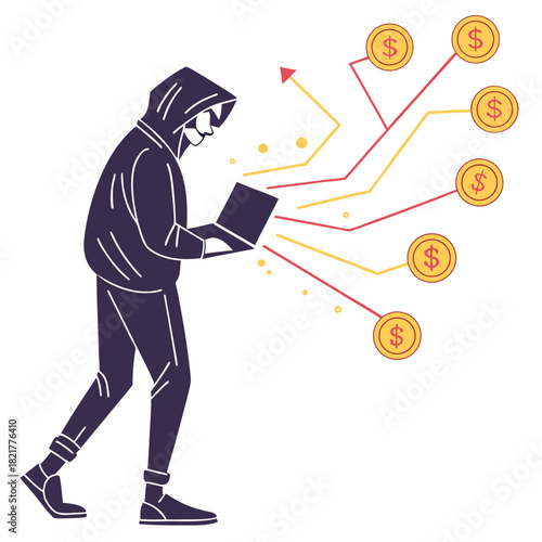 Anonymous hacker steals money from online transactions using a laptop computer and digital connections
