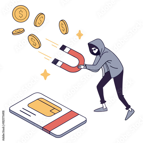 Anonymous figure in a hoodie uses a large horseshoe magnet to attract gold coins towards a sim card