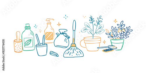 Hand drawn kitchen and cleaning doodles with plants