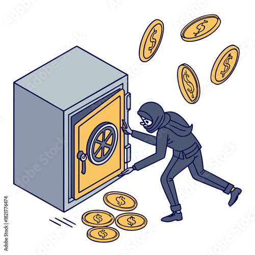 A masked thief in a black outfit is stealing gold coins from an open safe in an isometric illustration