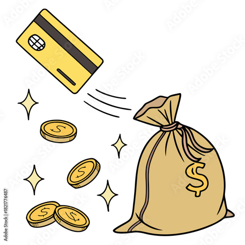 Yellow credit card depositing coins into a money bag with dollar sign and sparkling stars
