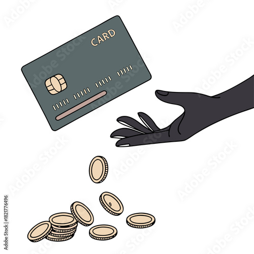 Hand reaching for a credit card with coins falling out symbolizing financial loss or spending