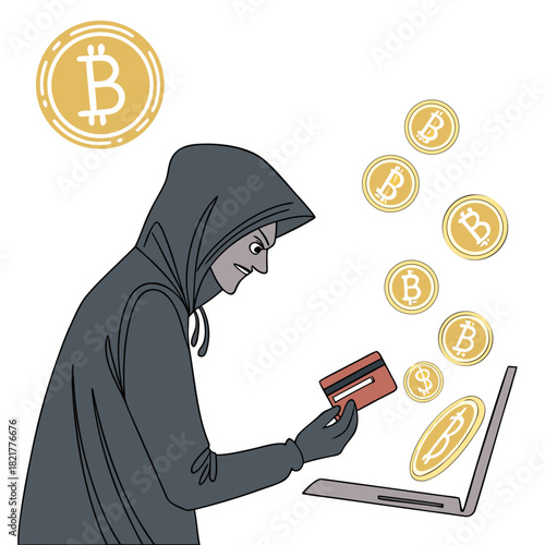 Anonymous hacker in a hoodie stealing bitcoin cryptocurrency and credit card information from a laptop