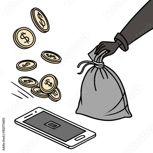 Hand in dark glove stealing money coins from smartphone screen into a grey money bag