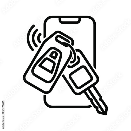 Smartphone and car keys with remote signal icon for digital access