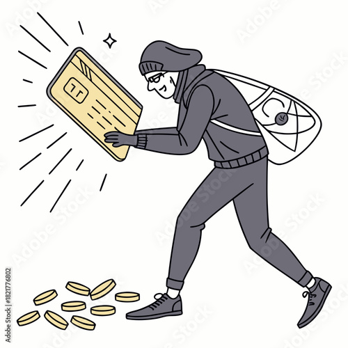 Cartoon thief wearing a mask and hat steals a glowing credit card with a money bag on his back