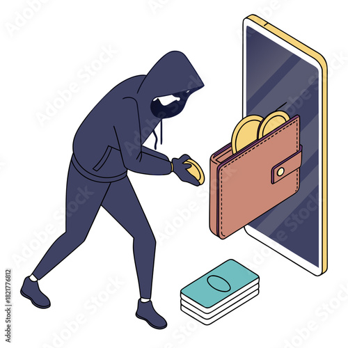 Anonymous hooded figure stealing coins from a digital wallet emerging from a smartphone screen