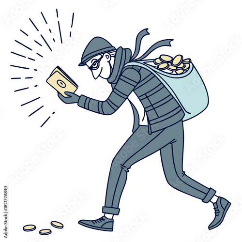 Cartoon thief wearing a mask and hat carrying a sack of coins and holding a glowing envelope with money