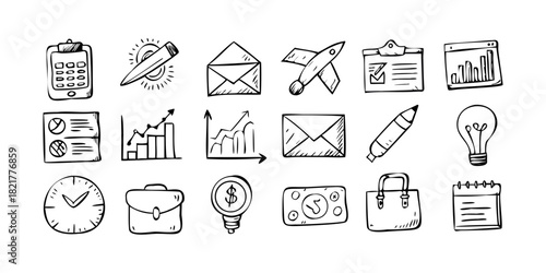 Hand Drawn Office Icons Clipboard Pen and Paper document