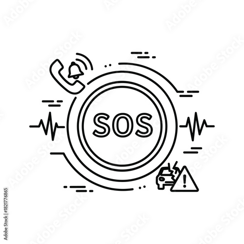 Sos emergency call and car accident warning line icon isolated on