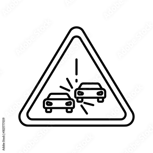 Car accident warning sign icon, depicting a collision, isolated on white