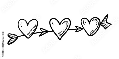 Hand drawn sketchy hearts and arrows on white love