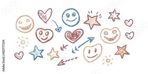 Hand drawn smiley faces hearts stars arrows muted vintage