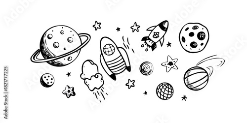Hand Drawn Space Planets Rockets and Stars astronaut