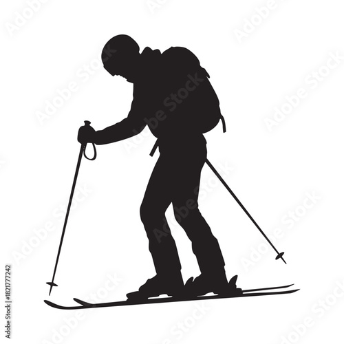 Dynamic silhouette of a backcountry skier navigating mountain terrain, perfect for adventure and outdoor recreation themes, scalable vector graphic design element