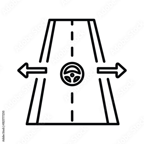 Autonomous driving system icon with steering wheel on road and directional arrows