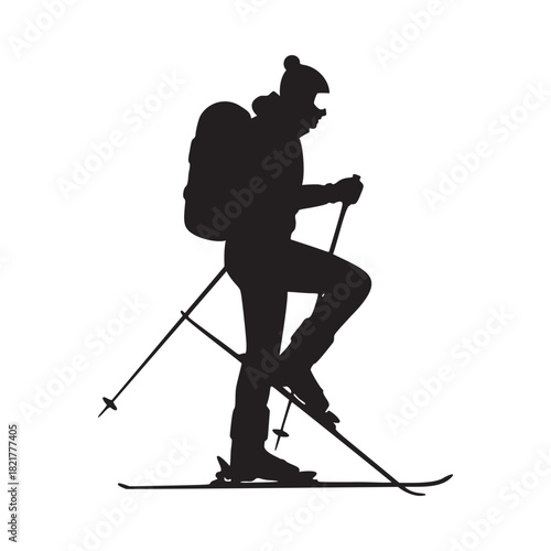 Dynamic silhouette of a skier climbing uphill, adventure seeker, outdoor sports, winter activity, ski touring concept, originally a scalable vector graphic