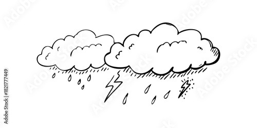 Hand Drawn Storm Clouds with Rain and Lightning thunder
