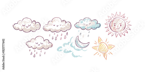 Hand drawn watercolor weather icons with transparent background