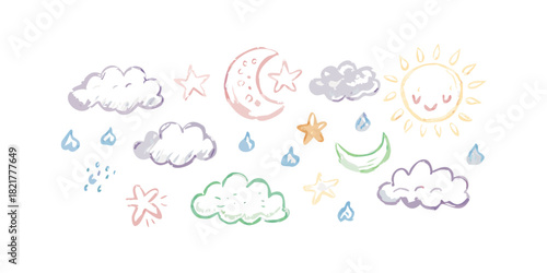 Hand drawn watercolor weather elements on white background