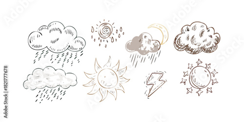 Hand drawn weather icons muted colors moon clouds