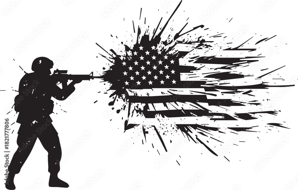 Obraz premium Silhouette of a Soldier Aiming an Assault Rifle with Abstract American Flag Splatter Illustration Honoring Military Service and Patriotism