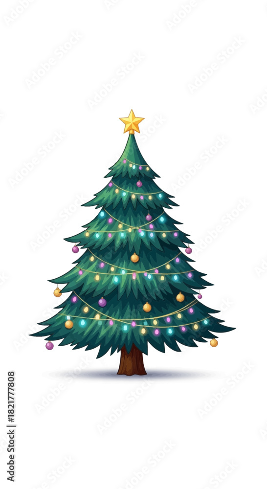 Fototapeta premium A vibrant, cartoon-style Christmas tree adorned with colorful lights and ornaments, topped with a golden star, set against a clean white background.