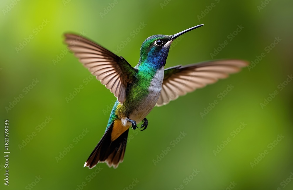 Fototapeta premium Vibrant green crowned woodnymph hummingbird hovers mid-air with wings spread. Iridescent green, blue feathers shimmer against soft, blurred green background. Tiny bird long, thin black beak, perfect