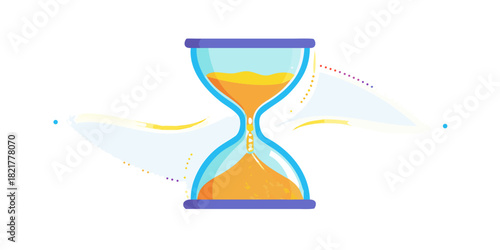 Hourglass with flowing golden sand and abstract shapes