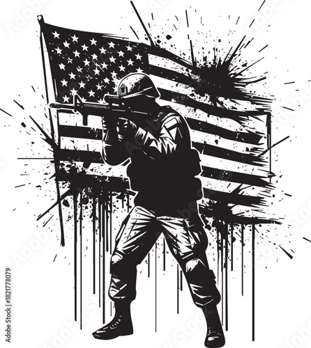 Silhouette of a Soldier Holding a Rifle with the American Flag Grunge Background Illustration