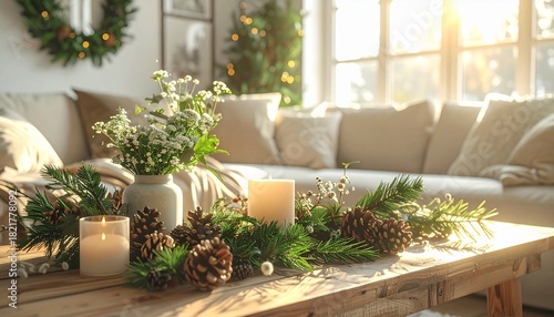 Botanical-style Christmas living room decor, fresh greenery, wildflowers, pinecones, minimal wreaths, wooden table accents, handmade crafts, soft warm sunlight, earthy rustic palette, clean flat aesth