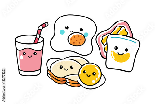 Kawaii breakfast food doodles with happy faces illustration