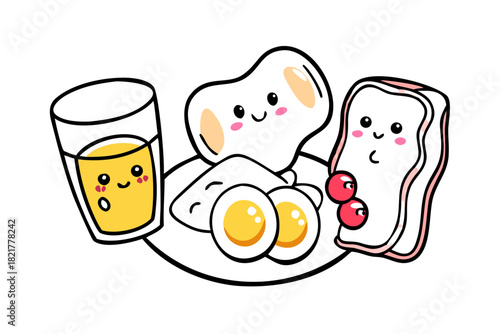 Kawaii breakfast doodles eggs bacon toast and juice