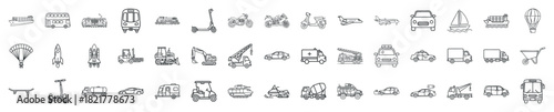 Set of line art icons representing various modes of transportation and vehicles