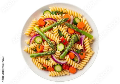 A vibrant serving of cold fusilli pasta salad mixed with fresh asparagus, sliced cucumber, bright orange carrot rounds, and red onion, isolated on transparent background