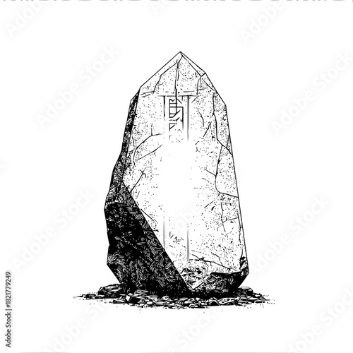 Black and white engraving of a large crystal monolith with symbol