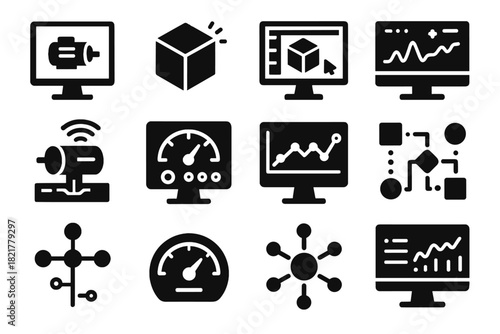 Simulation twin schematic vector workflow control gauge tools screen digital icon analytics