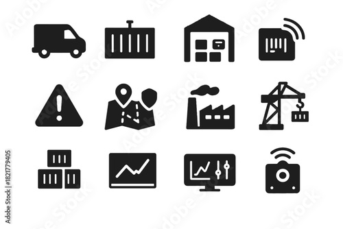 Van supply analytics module chain warehouse monitoring vector map icons logistics delivery